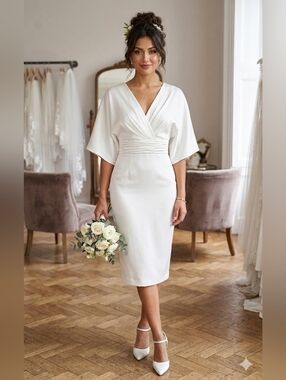 THEIA Couture White Satin Kimono Sleeve Sheath Dress Size 4 NWT Bridal Cocktail